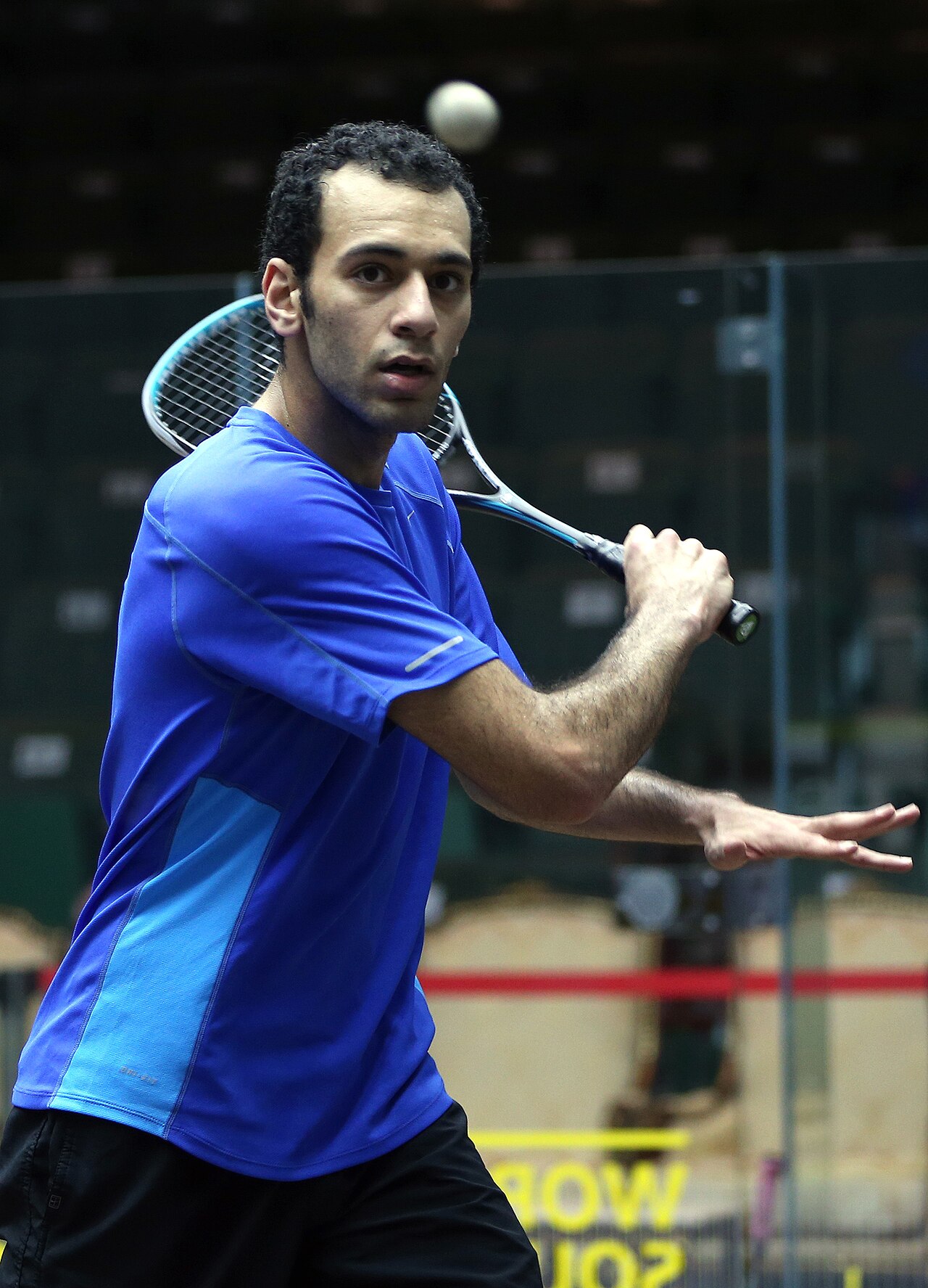 Squash player preparing a shot on a glass show court